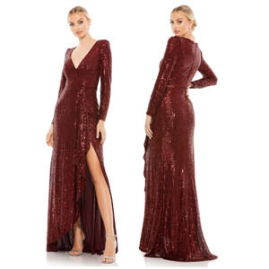 NEW $398 MAC DUGGAL 26395 WINE SEQUIN LONG SLEEVE EVENING GOWN Size 10